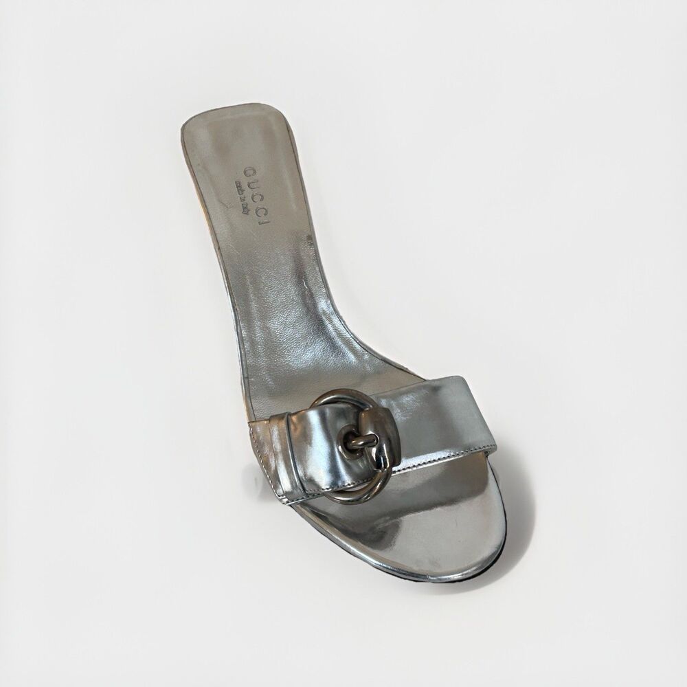 Gucci Metallic Silver Patent Slide Sandals Womens 7C Vintage Buckle Italy